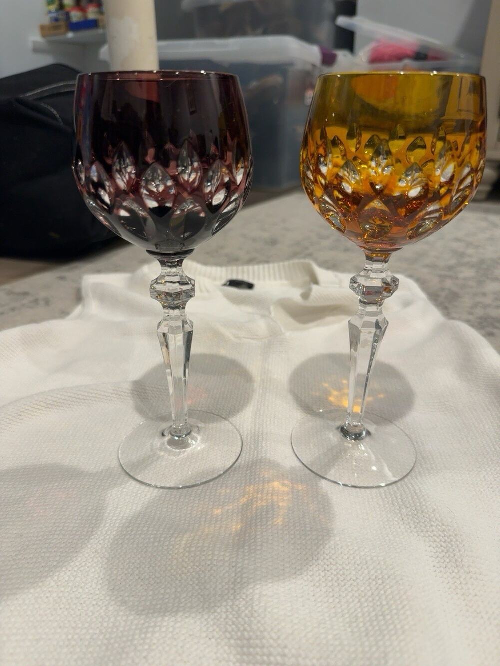 Vintage German Cut to Clear Lead Crystal Wine Goblets Amber Amethyst Pair 8”